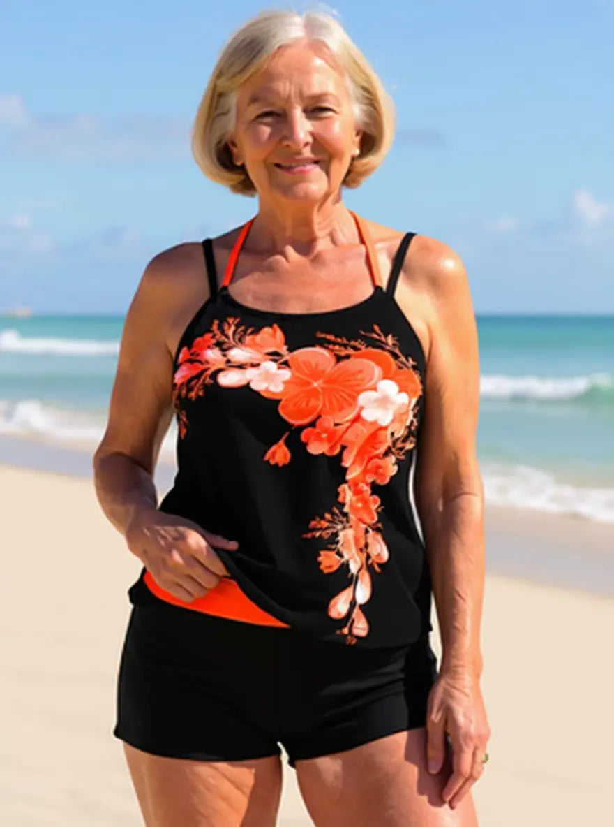 ELLA | FLORAL PRINT CROSS STRAP HALTER TANKINI SET