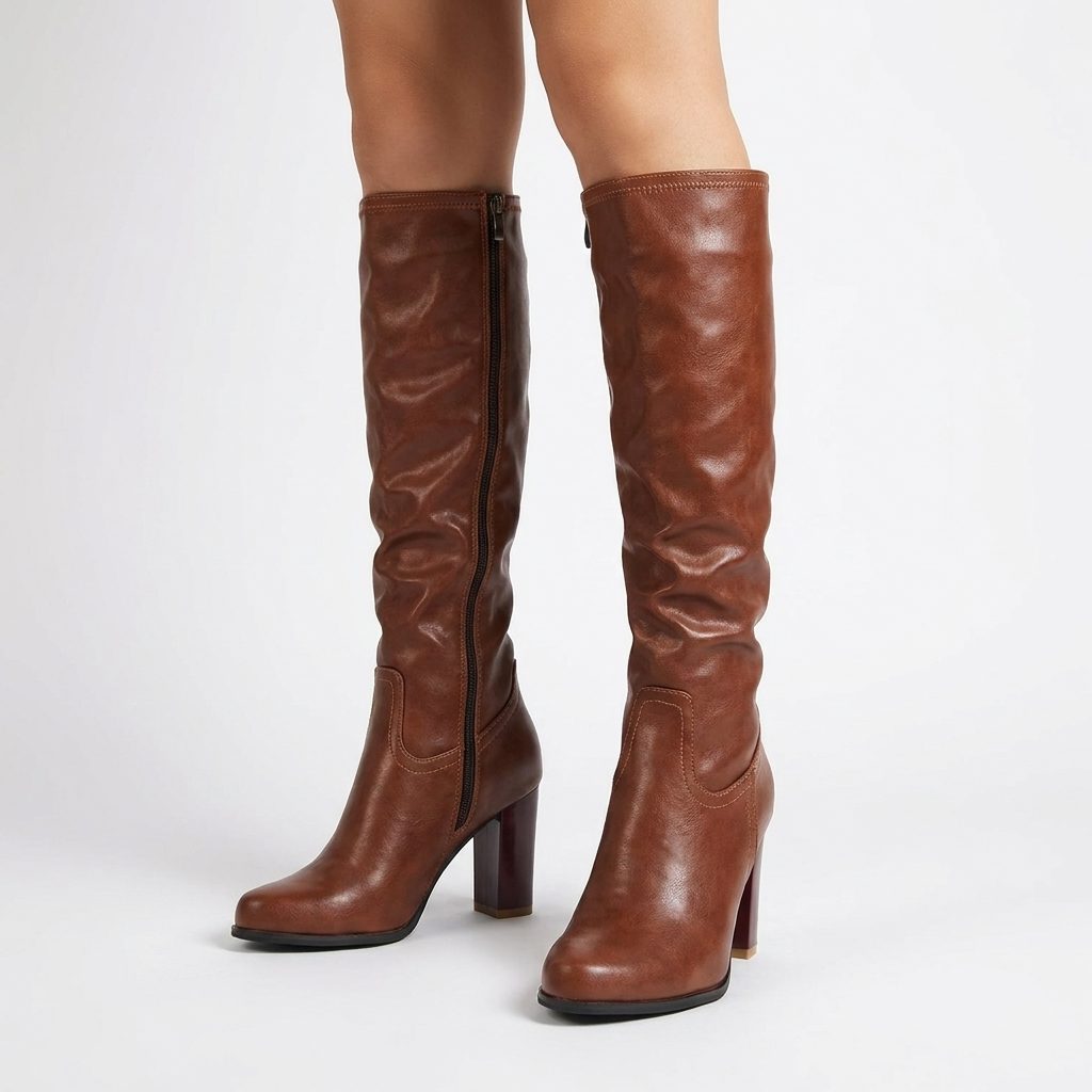 Garance | Block Heel Leather Knee High Boots with Round Toe for Women