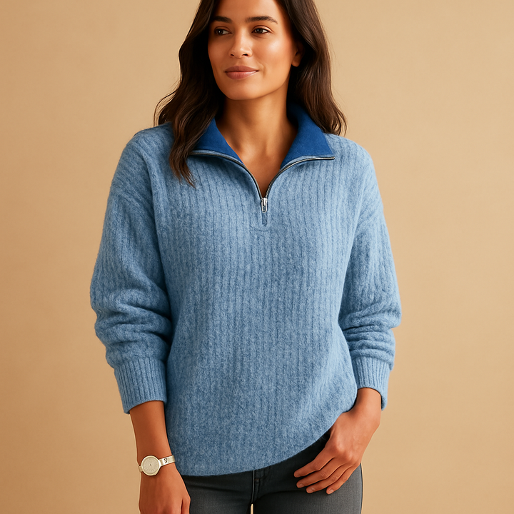 Women's Half Zip Ribbed Knit Sweater Collared Long Sleeve Pullover