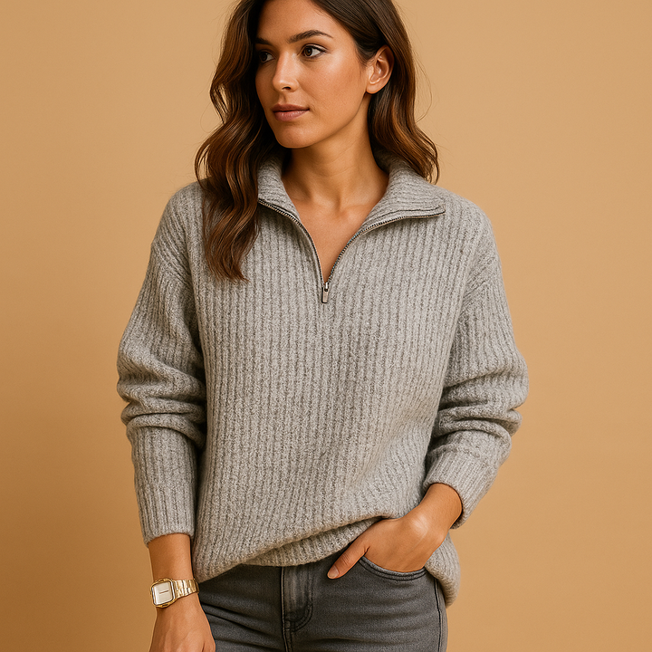Women's Half Zip Ribbed Knit Sweater Collared Long Sleeve Pullover