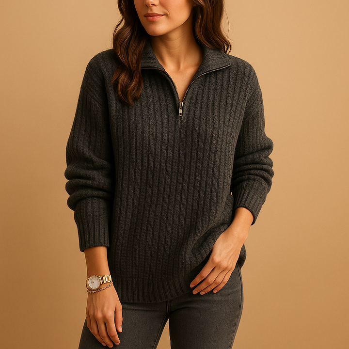 Women's Half Zip Ribbed Knit Sweater Collared Long Sleeve Pullover