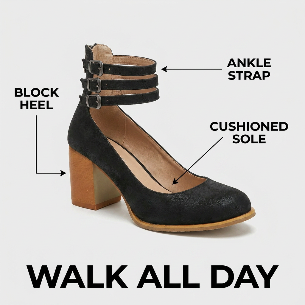 Women's Triple Buckle Block Heel Ankle Boots - Casual Footwear