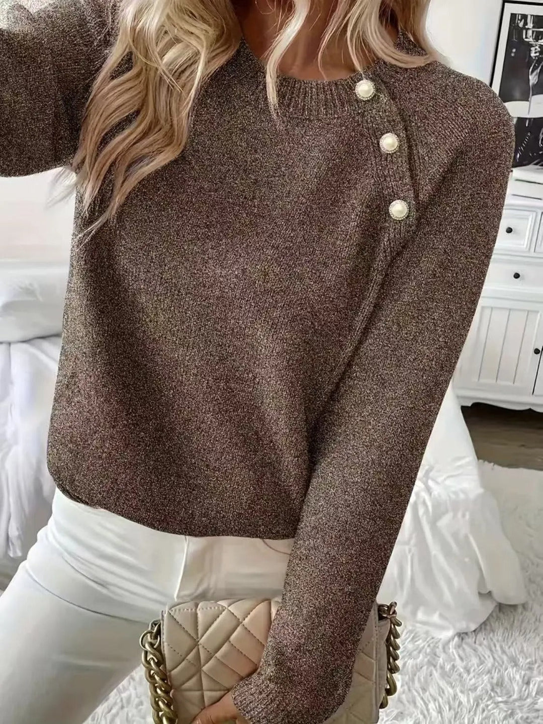Women's Pearl Detail Sweater – Embellished Round Neck Knit Pullover