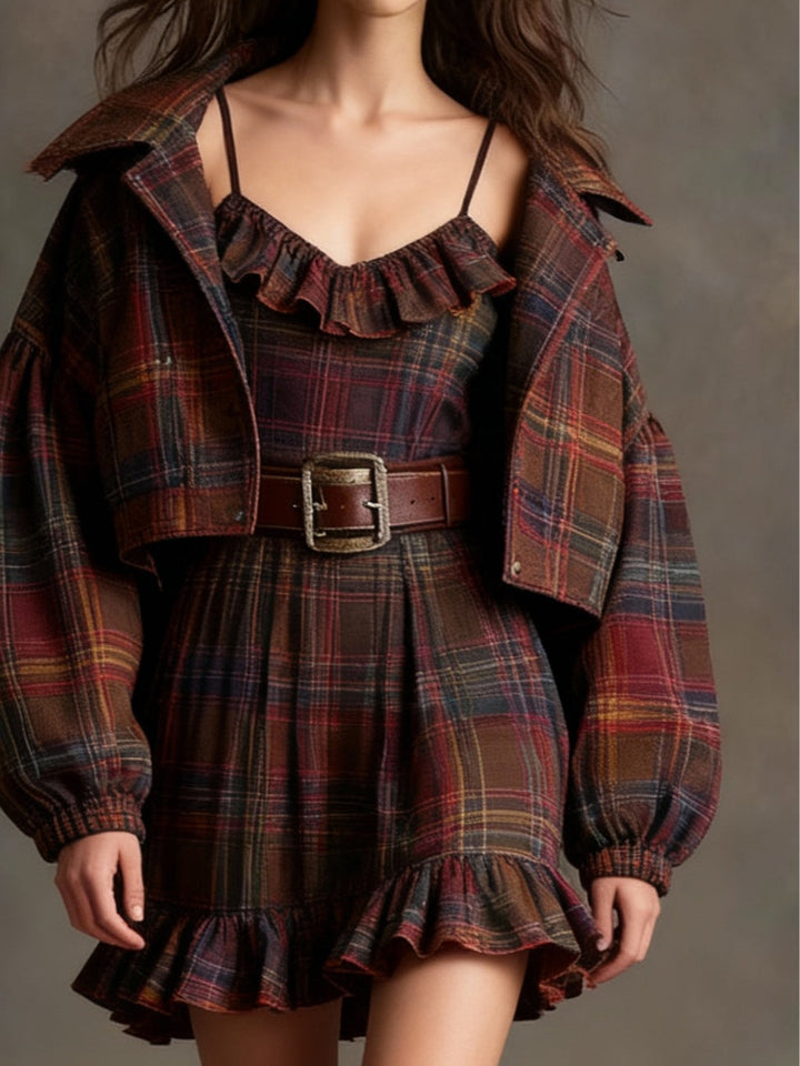 Lila Vintage Plaid Ruffle Mini Dress Set