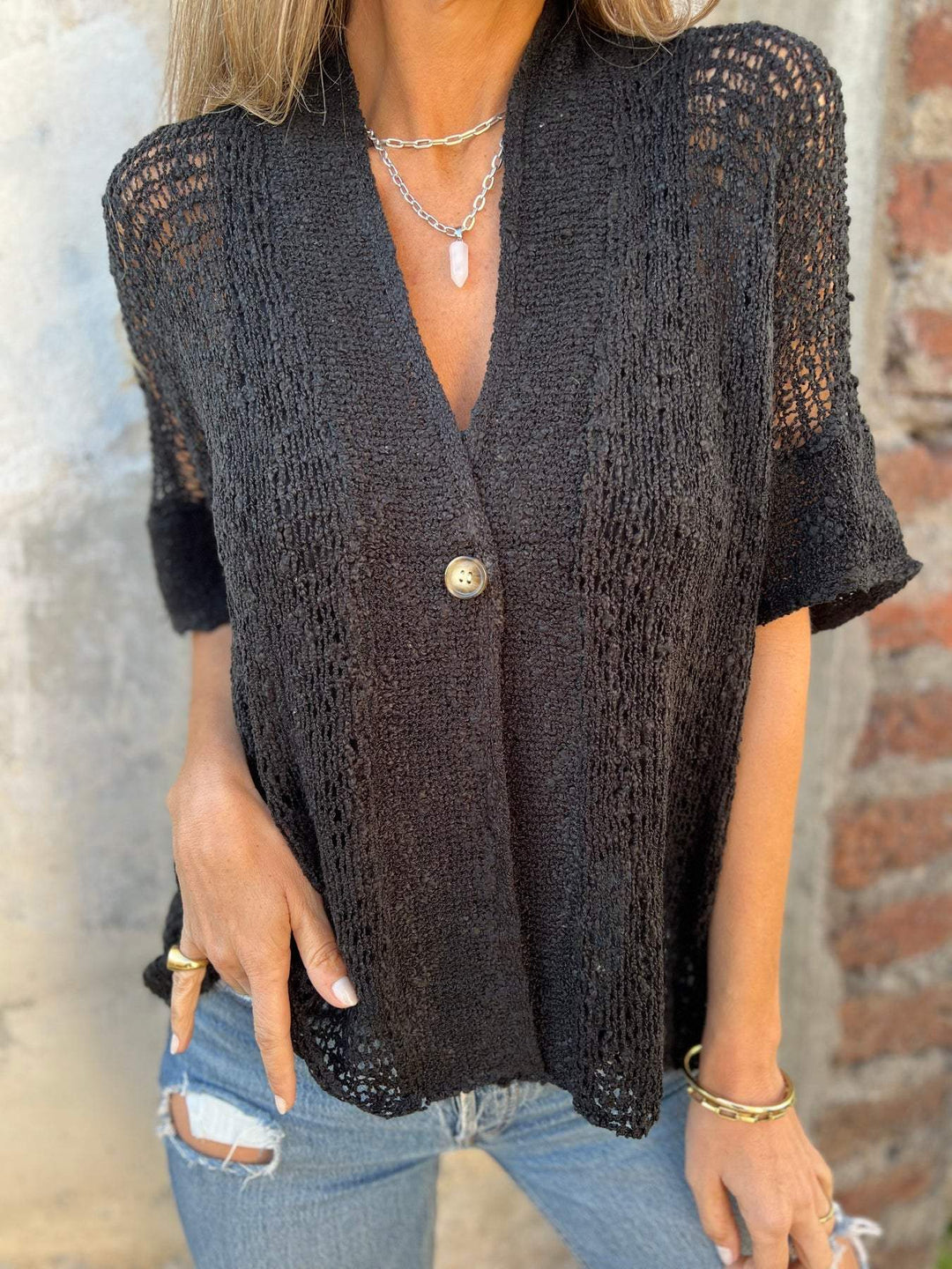 Tindra - V-Neck Hollow Out Knit Top