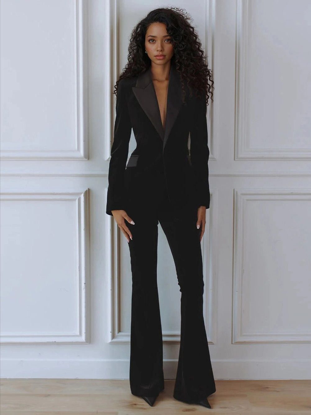 Madeleva | Velvet Blazer Suit Set with Flare Pants for Women