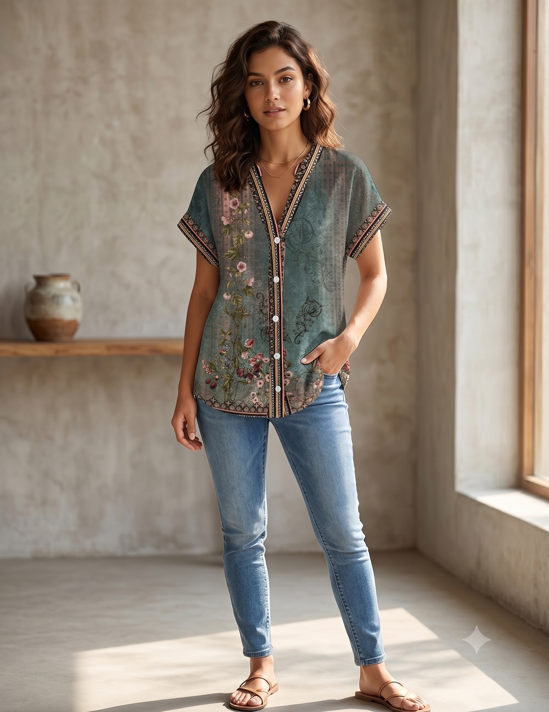 Hailey | Button-Down V-Neck Floral Blouse for Women