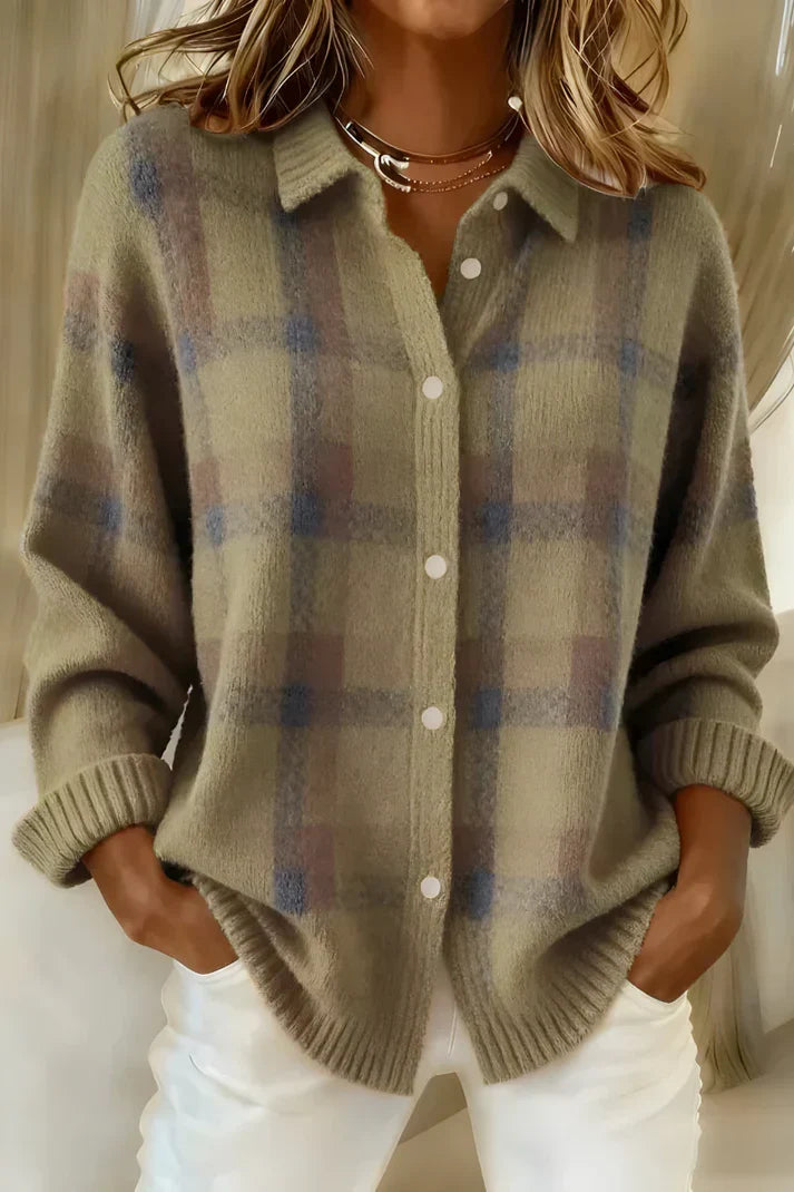 Women's Plaid Knit Shirt Jacket Button-Up Collared Long Sleeve Casual Cardigan
