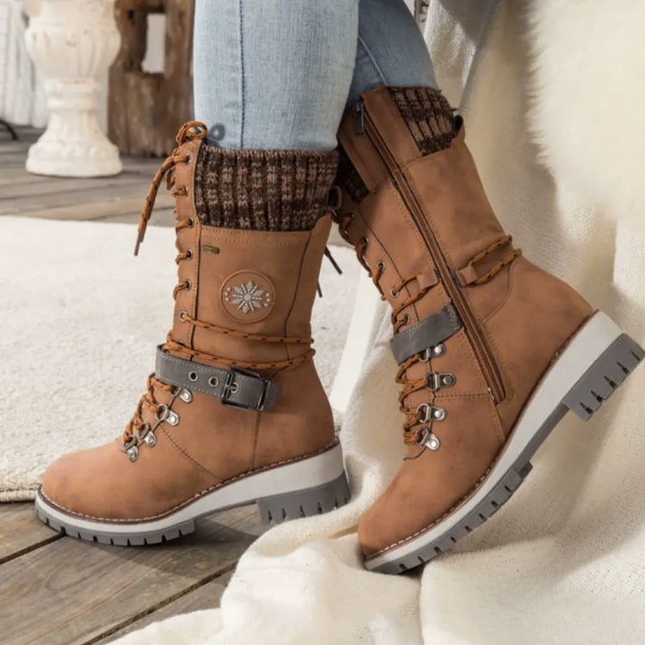 Wren | Women's Lace-Up Mid-Calf Combat Winter Boots with Knit Cuff