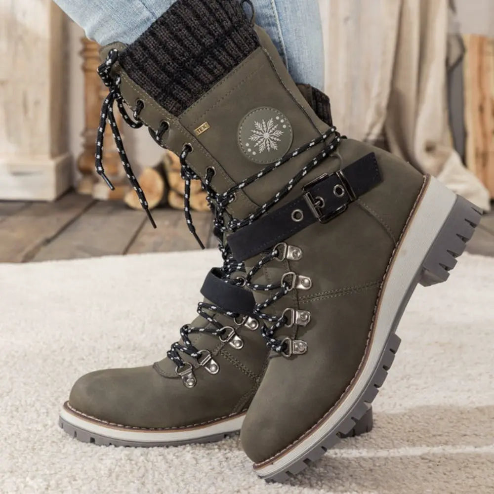 Wren | Women's Lace-Up Mid-Calf Combat Winter Boots with Knit Cuff
