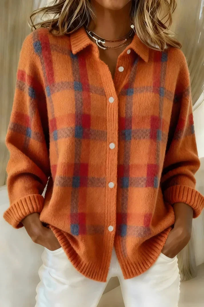Women's Plaid Knit Shirt Jacket Button-Up Collared Long Sleeve Casual Cardigan