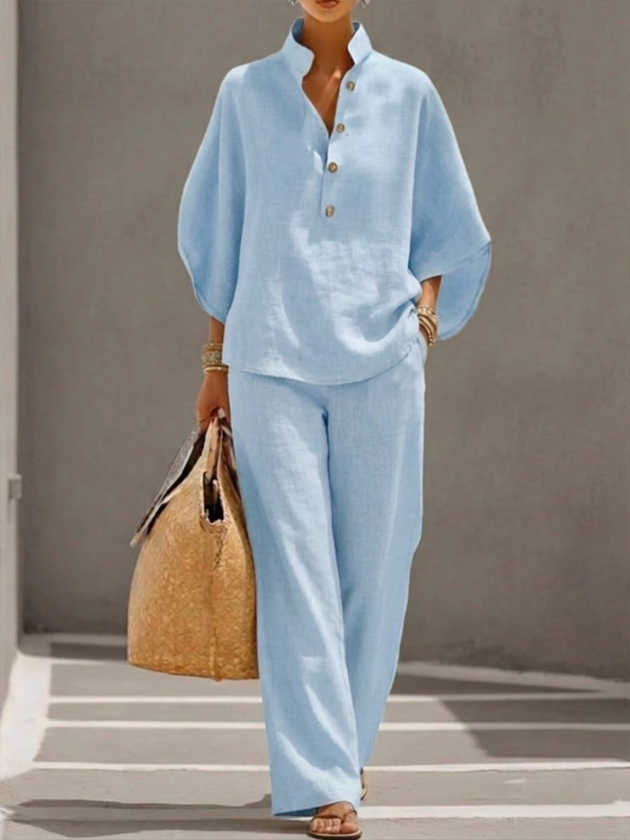 Nadia | Linen Wide Leg Set with Batwing Sleeves for Women