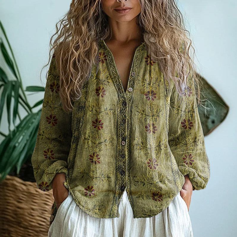 Petra | Embroidered Blouse with V-Neck and Long Sleeves for Women
