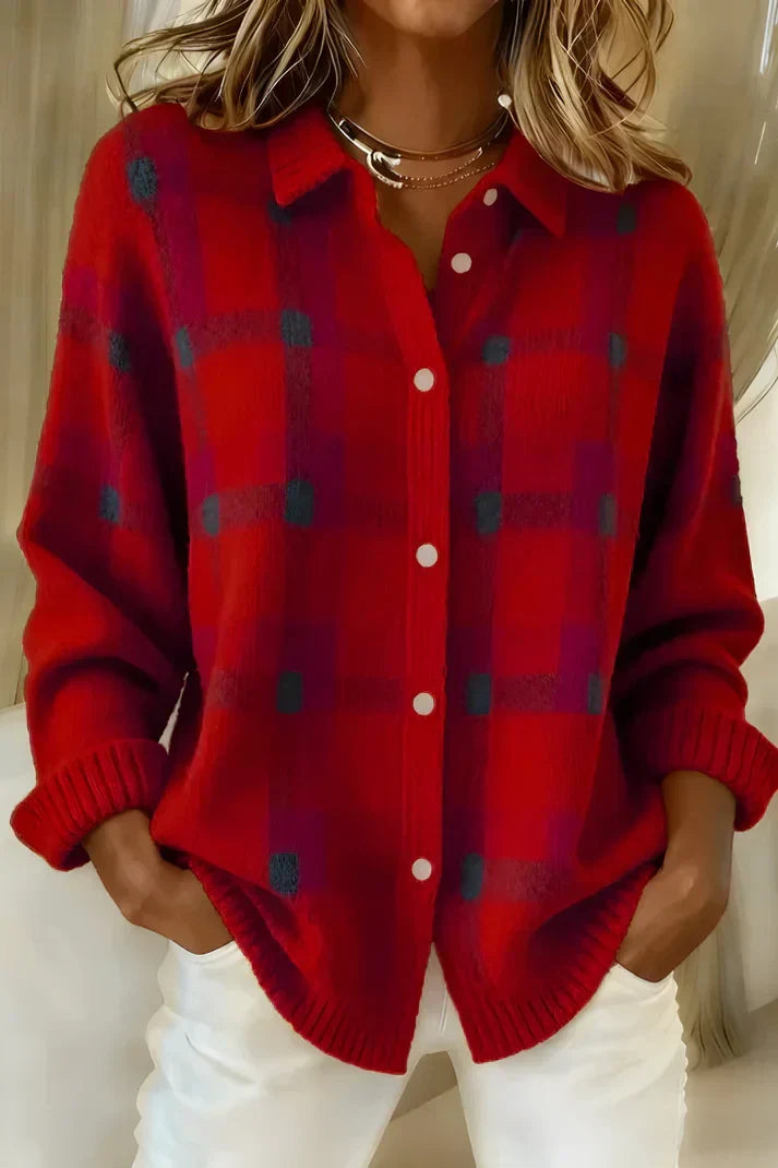 Women's Plaid Knit Shirt Jacket Button-Up Collared Long Sleeve Casual Cardigan