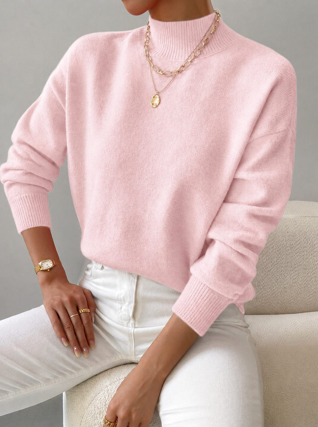 Ribbed Knit Sweater with Roll Neck for Women