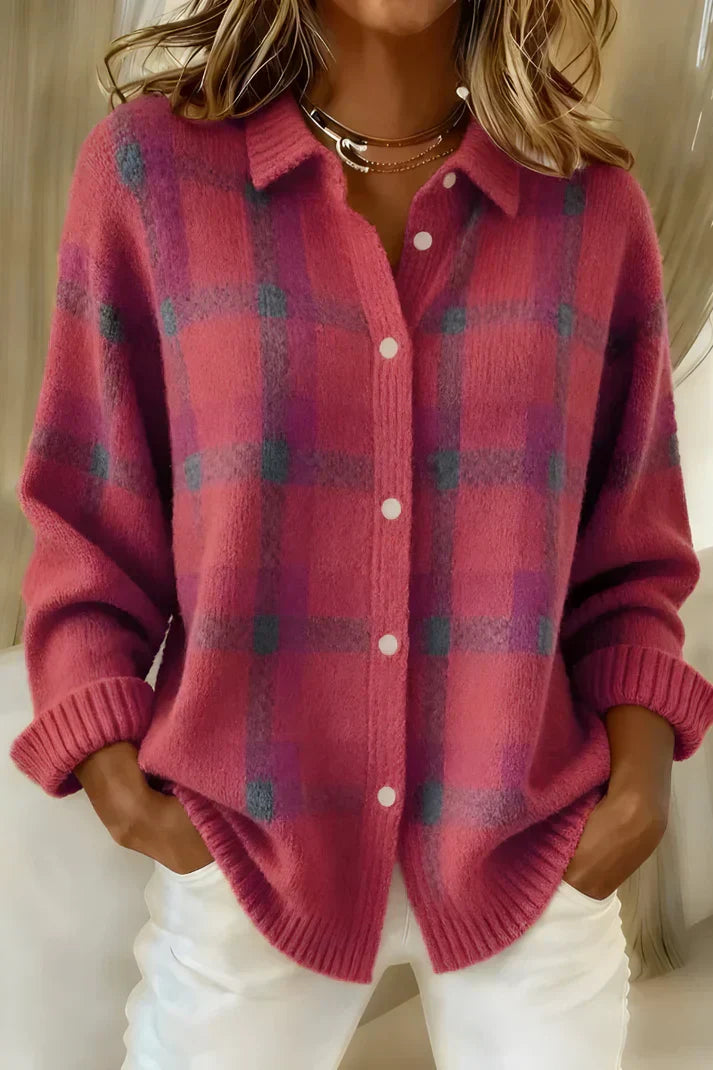 Women's Plaid Knit Shirt Jacket Button-Up Collared Long Sleeve Casual Cardigan