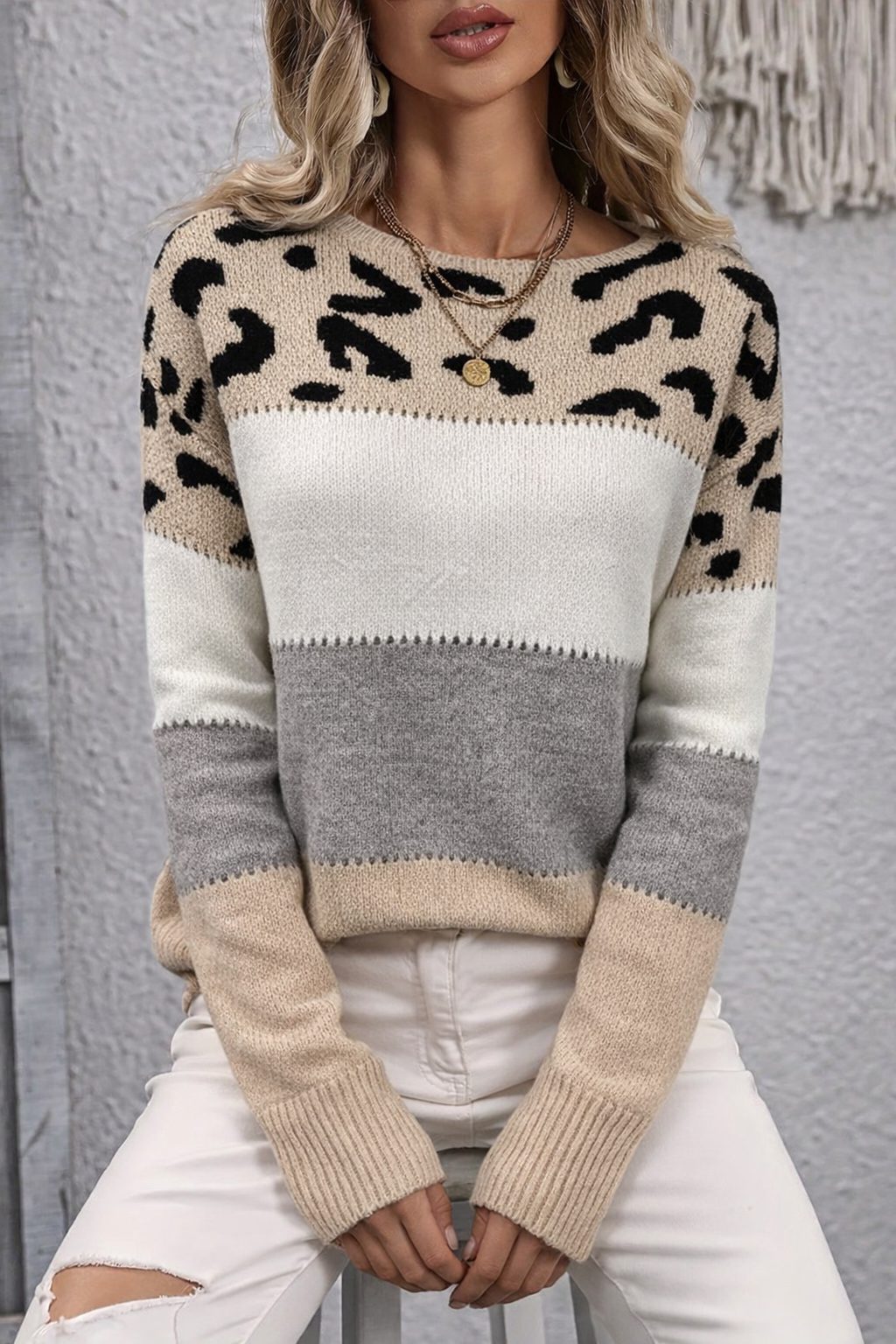 Saffron | Leopard Print Sweater with Crew Neck for Women
