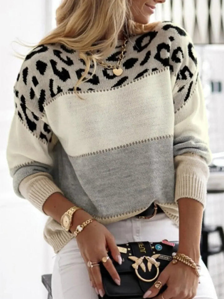 Saffron | Leopard Print Sweater with Crew Neck for Women