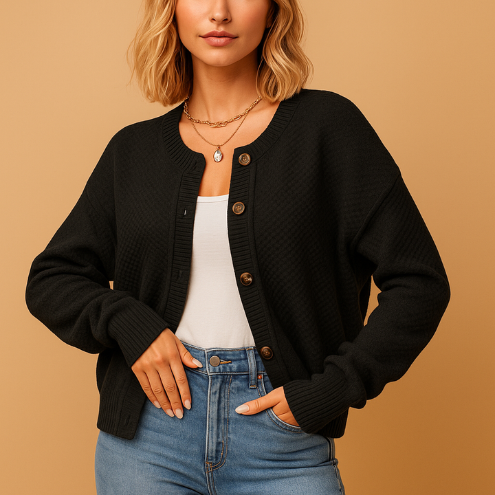 Women's Short Knit Cardigan Button-Front Crew Neck Long Sleeve Casual