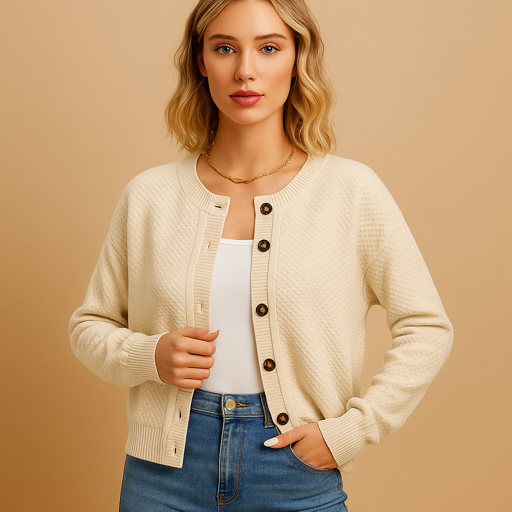 Women's Short Knit Cardigan Button-Front Crew Neck Long Sleeve Casual