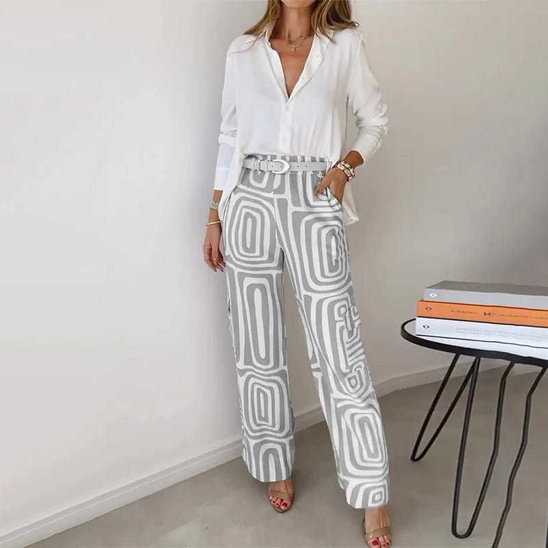 Radegonde | Geometric Print Wide Leg Pants Set for Women