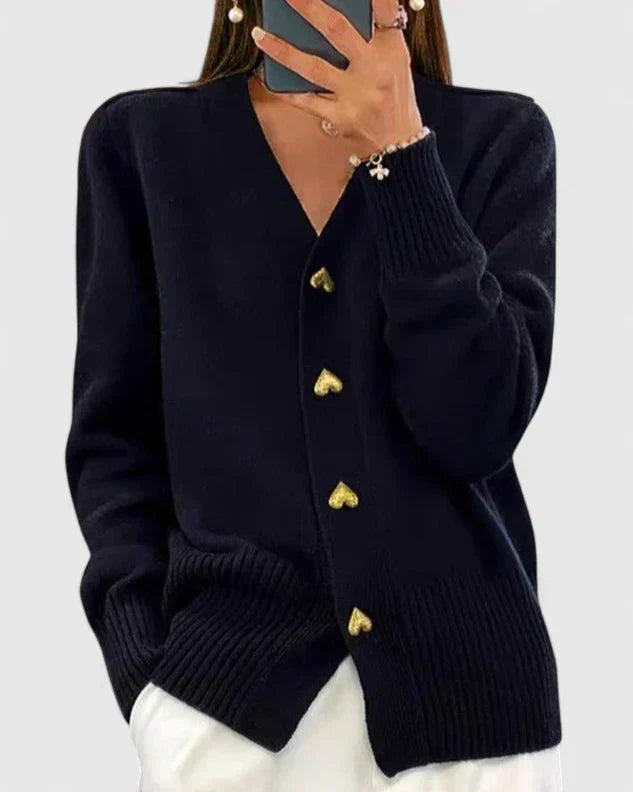 Lillyanne | Women's Cashmere V-Neck Cardigan, Heart Button Detail – Elegant Layering