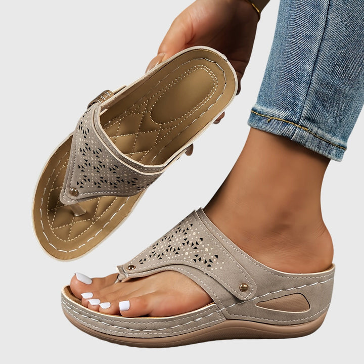 Laser Cut Toe Loop Buckle Strap Wedge Sandal