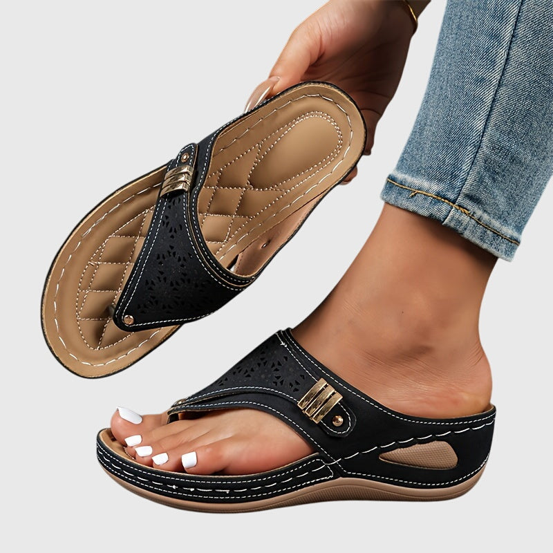 Laser Cut Toe Loop Buckle Strap Wedge Sandal