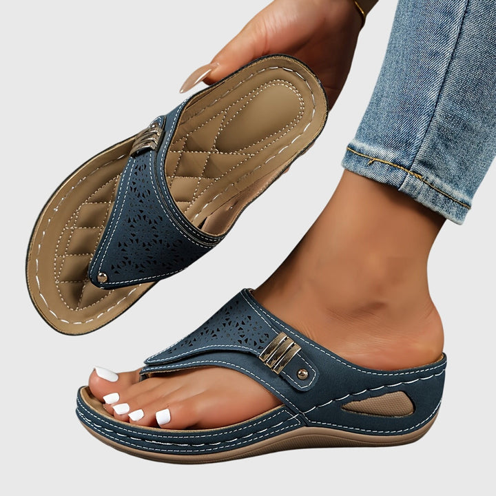 Laser Cut Toe Loop Buckle Strap Wedge Sandal