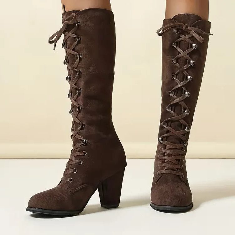 Trinity | Lace-Up Suede Block Heel Knee High Boots for Women