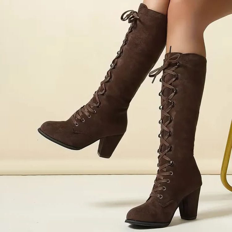 Trinity | Lace-Up Suede Block Heel Knee High Boots for Women