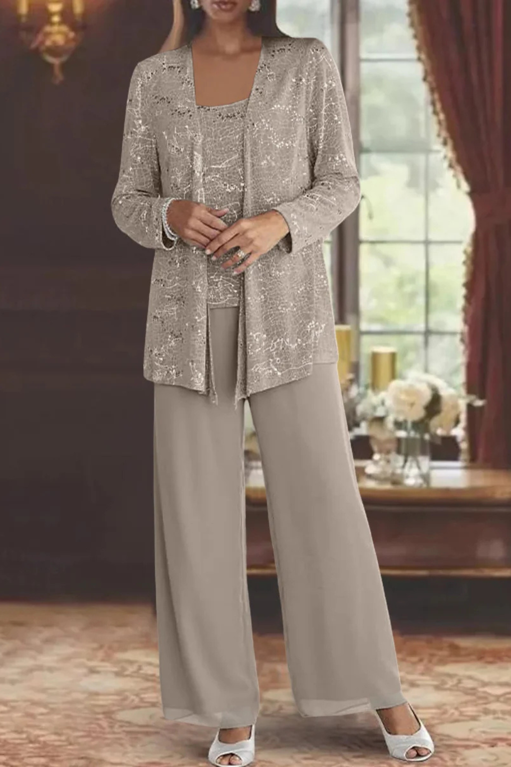 Veronica | Sequin Wide Leg Three-Piece Pant Set for Women