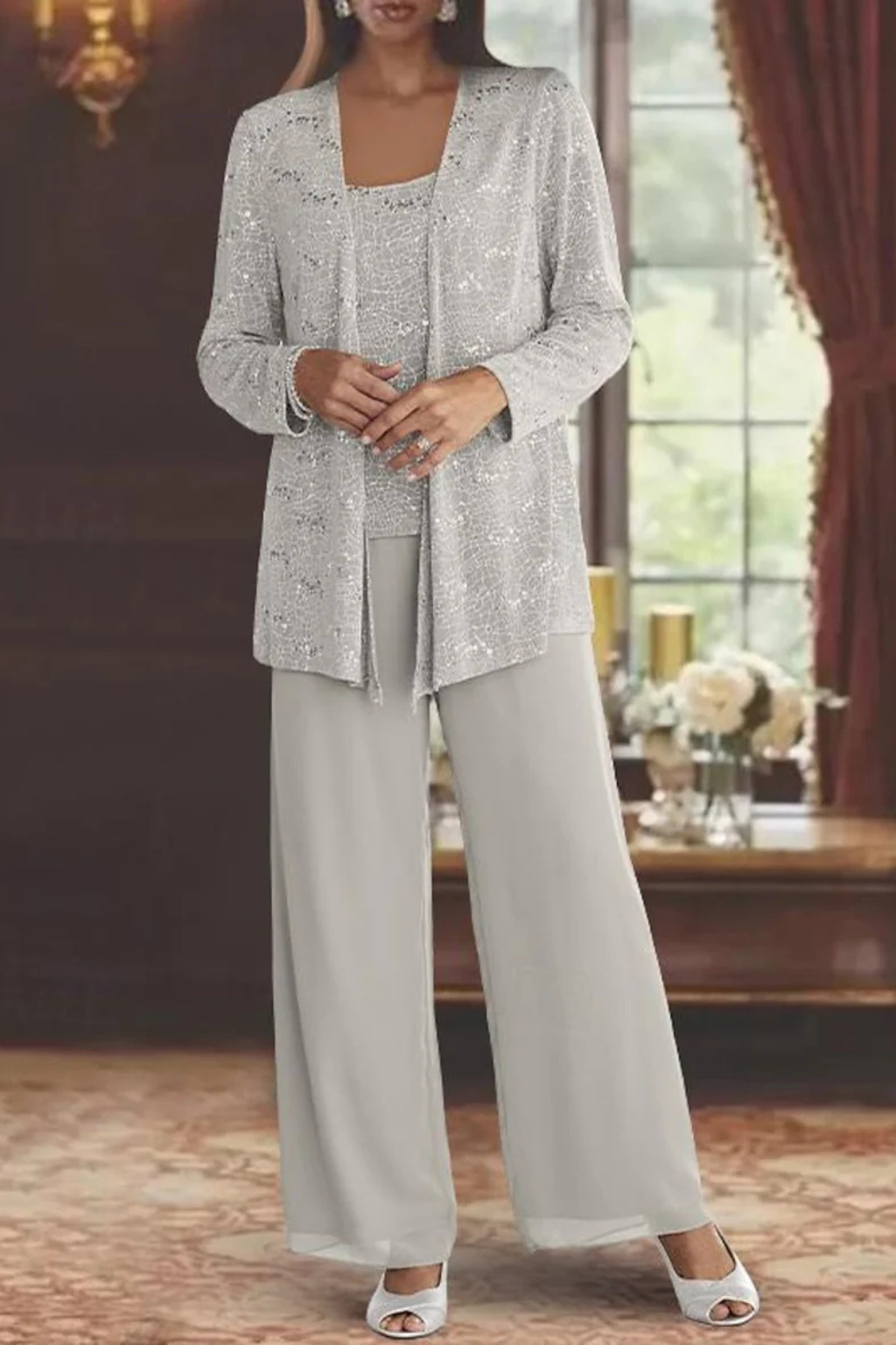 Veronica | Sequin Wide Leg Three-Piece Pant Set for Women