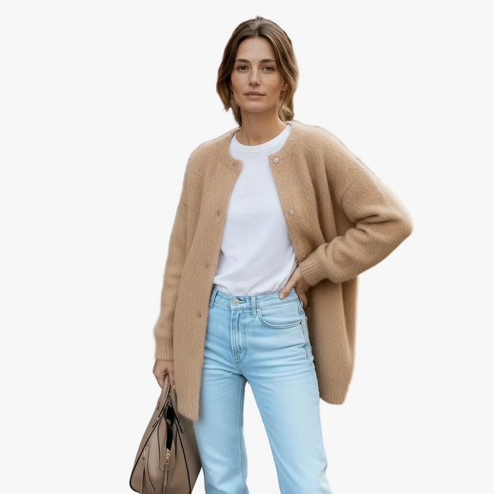 Women's Camel Cardigan Button Front Long Sleeve Pockets Casual Knit