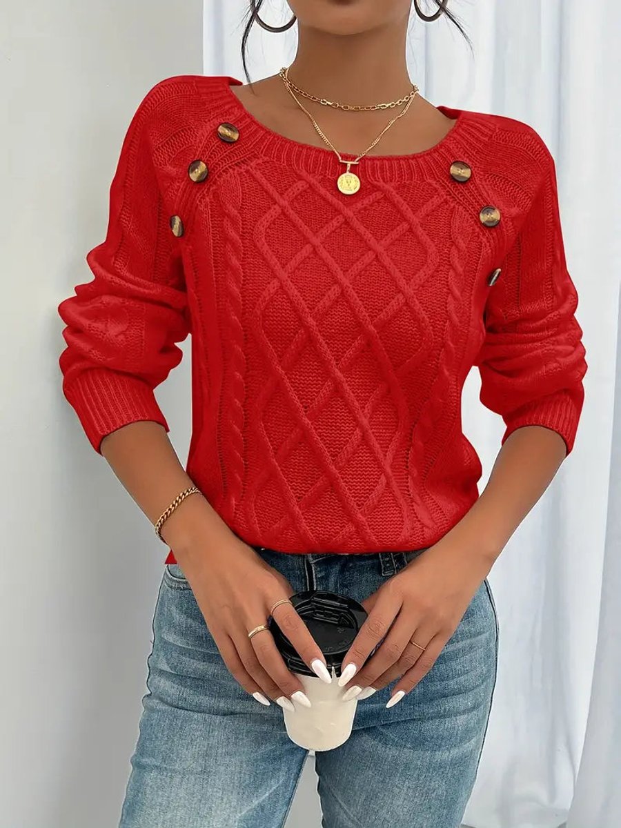 Penelope | Women's Cable Knit Sweater with Raglan Sleeves and Button Detail