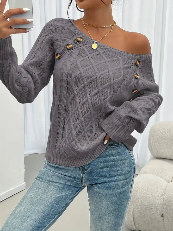 Penelope | Women's Cable Knit Sweater with Raglan Sleeves and Button Detail