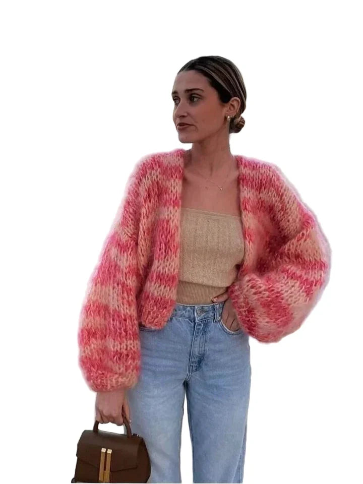 Women's Open-Front Cardigan Pink Striped Chunky Knit Long Sleeve Casual Layering