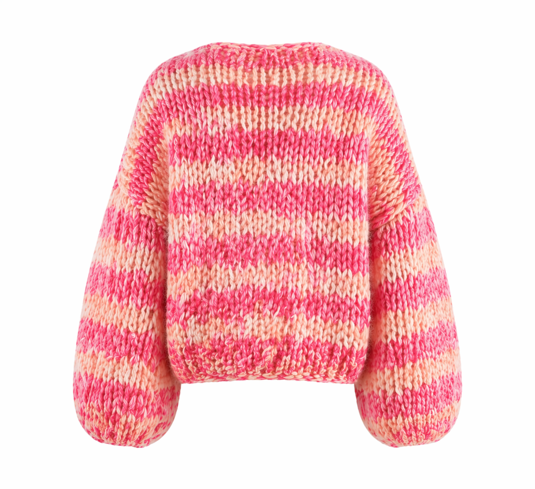Women's Open-Front Cardigan Pink Striped Chunky Knit Long Sleeve Casual Layering