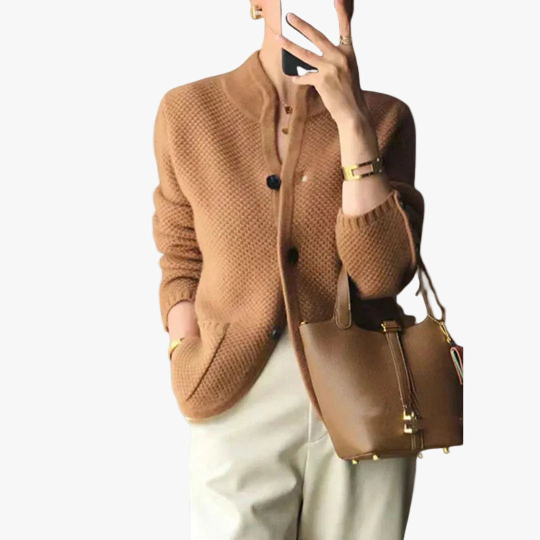 Women's Knit Cardigan Button Front Stand Collar Long Sleeve Patch Pocket