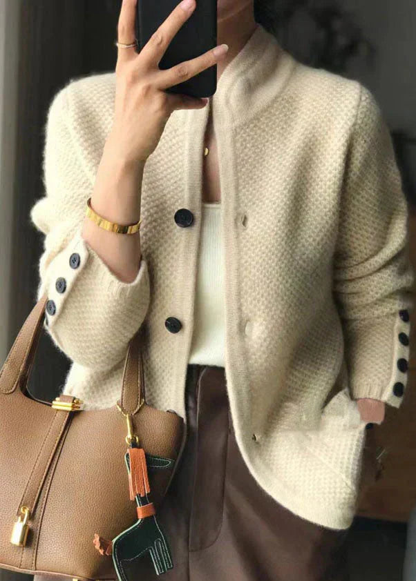 Women's Knit Cardigan Button Front Stand Collar Long Sleeve Patch Pocket