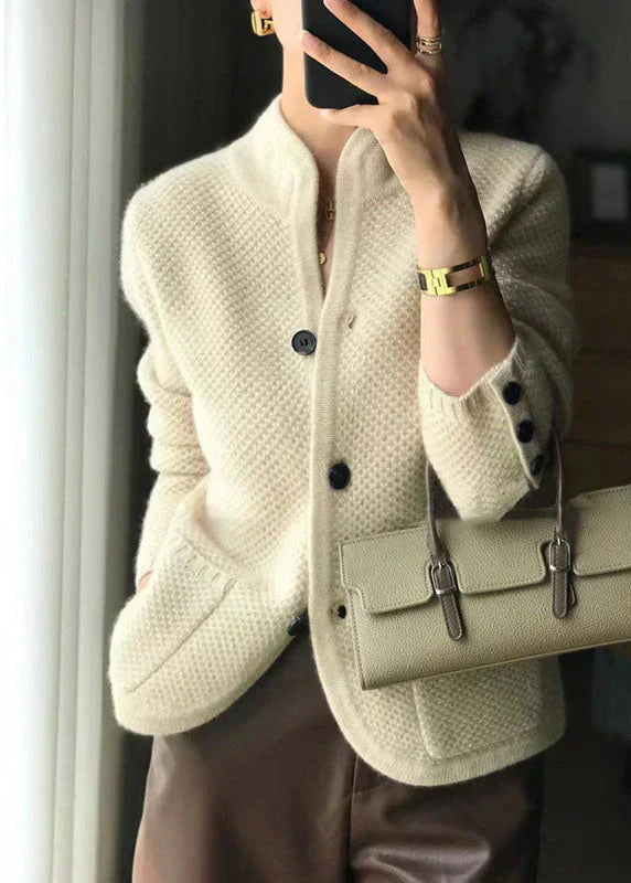 Women's Knit Cardigan Button Front Stand Collar Long Sleeve Patch Pocket