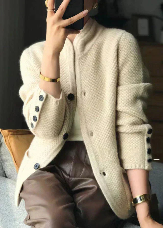 Women's Knit Cardigan Button Front Stand Collar Long Sleeve Patch Pocket