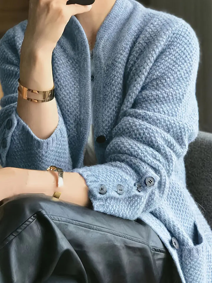 Women's Knit Cardigan Button Front Stand Collar Long Sleeve Patch Pocket