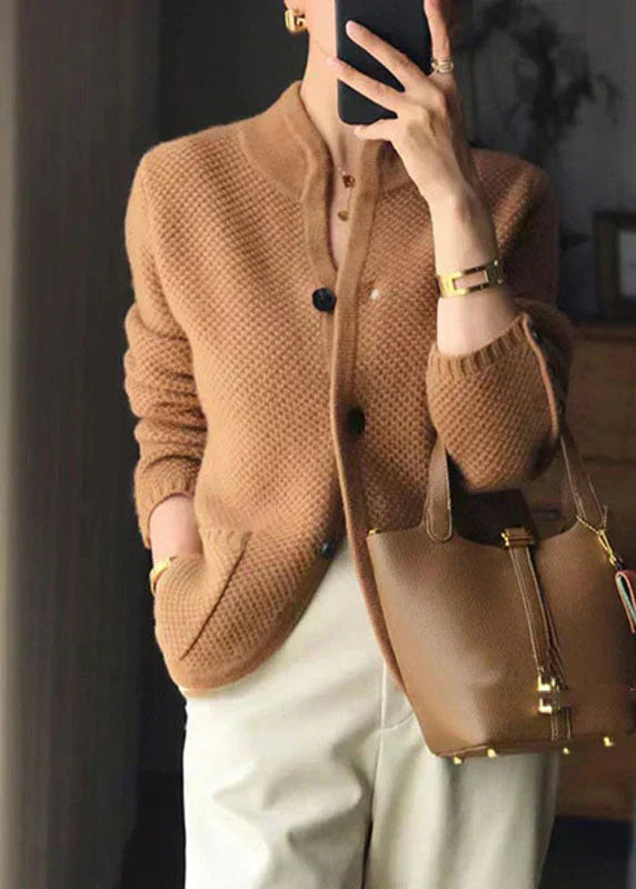 Women's Knit Cardigan Button Front Stand Collar Long Sleeve Patch Pocket