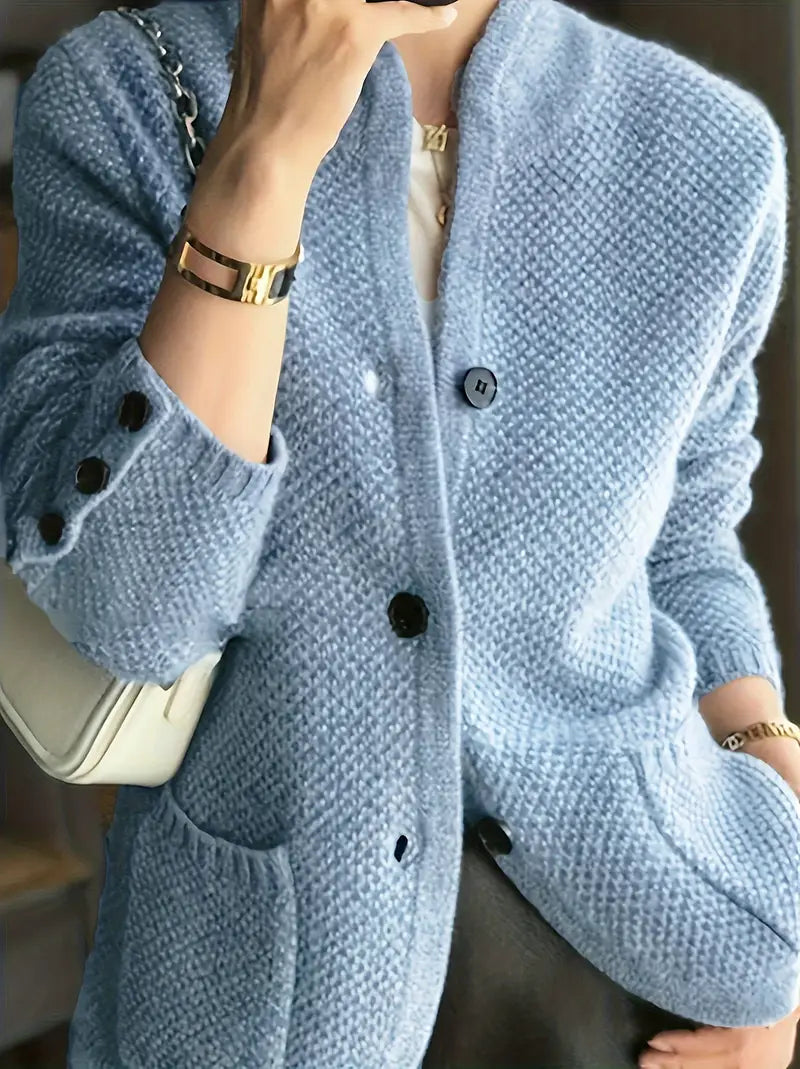 Women's Knit Cardigan Button Front Stand Collar Long Sleeve Patch Pocket