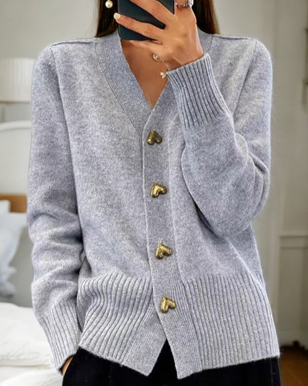 Women's Knit Cardigan V-Neck Heart Button Front Long Sleeve Casual