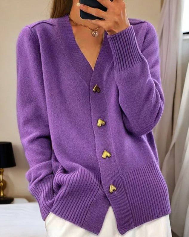 Women's Knit Cardigan V-Neck Heart Button Front Long Sleeve Casual