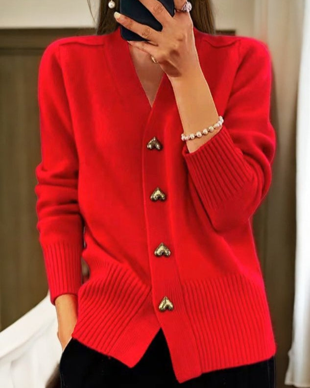 Women's Knit Cardigan V-Neck Heart Button Front Long Sleeve Casual