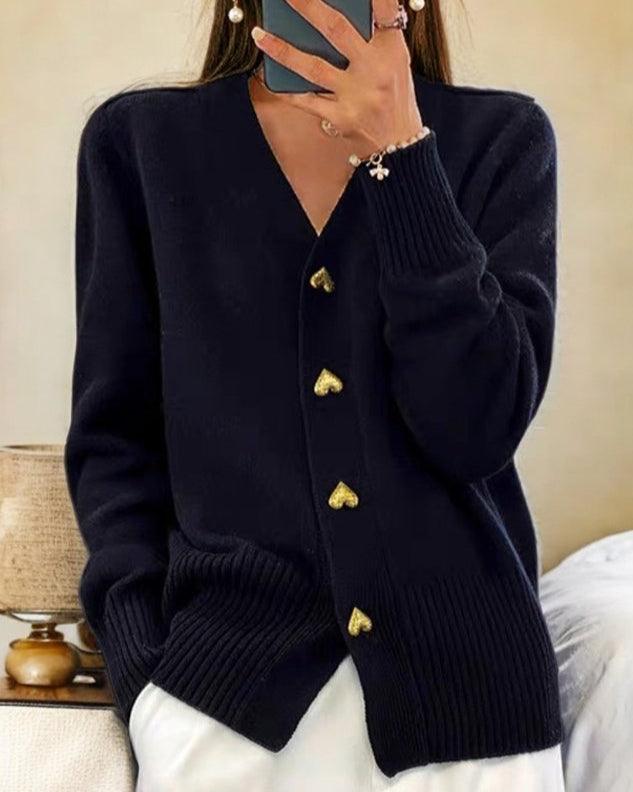 Women's Knit Cardigan V-Neck Heart Button Front Long Sleeve Casual