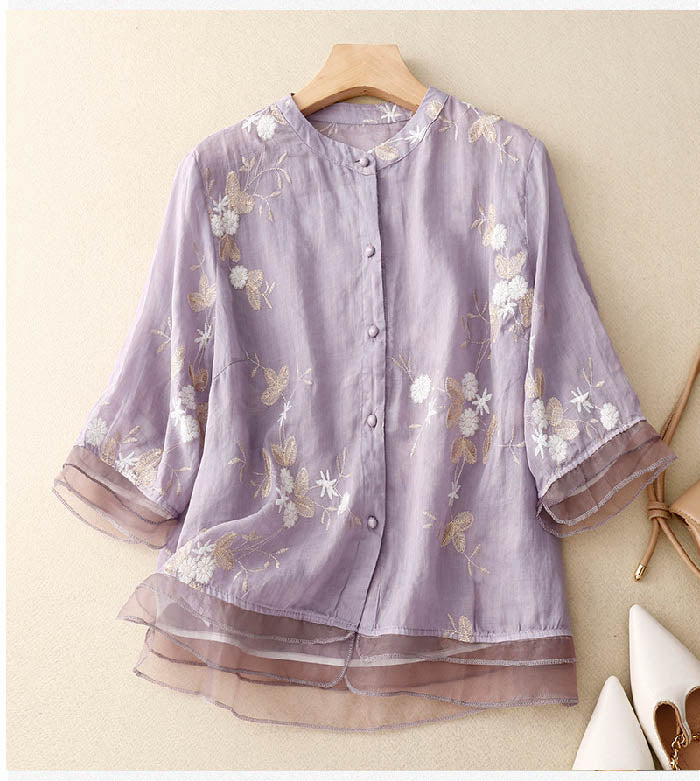 Idyll | Button-Down Floral Blouse with Layered Hem for Women